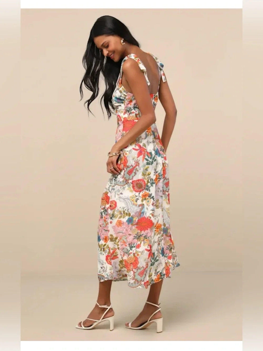 Lulus Simply Blissful Ivory Multi Floral Tie-strap A-line Midi Dress White - Picture 4 of 9
